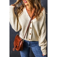 Beige Plain Knitted Buttoned V Neck Cardigan - L thumbnail