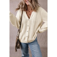 Apricot Pleated Sleeve Hollow Detail Button Sweater Cardigan - L thumbnail