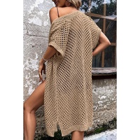 Camel Batwing Sleeve Pointelle Knit Open Front Cardigan - S thumbnail