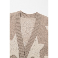 Khaki Sherpa Star Pattern Textured Sweater Cardigan with Pockets - L thumbnail