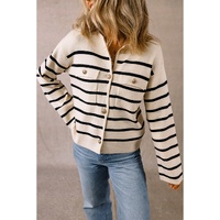 Black Stripe Flap Pocket Buttoned Cardigan Sweater - L thumbnail