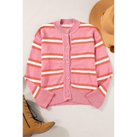 Pink Stripe Drop Shoulder Buttons Cardigan Sweater - 2XL thumbnail