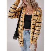 Beige Striped Pom Pom Knit Open Front Long Cardigan - XL thumbnail
