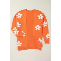 Orange Floral Print Knitted Open Front Loose Cardigan - S thumbnail