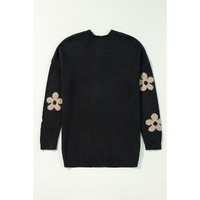 Black Floral Print Knitted Open Front Loose Cardigan - M thumbnail