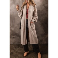 Beige Side Pockets Open Front Long Knitted Cardigan - M thumbnail
