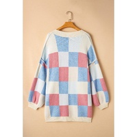 Light Blue Checkered Drop Shoulder Exposed Seam Open Front Cardigan - L thumbnail