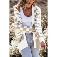 Smoke Gray Gingham Striped Knitted Open Front Cardigan - L thumbnail