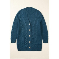 Peacock Blue Cable Knit Button Front Pocketed Baggy Cardigan - M thumbnail