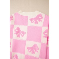 Pink Bowknot Checkered Pattern V Neck Drop Shoulder Button Up Cardigan - L thumbnail