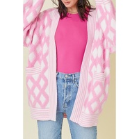Pink Rhombus Pattern Knit Open Front Pocketed Cardigans - L thumbnail
