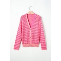 Pink Striped Buttoned V Neck Drop Shoulder Cardigan - L thumbnail