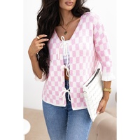 Light Pink Checkered Knitted Lace-up Ruffled 3/4 Sleeve Cardigan - XL thumbnail