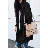 Black Plaid Knitted Long Open Front Cardigan - M thumbnail