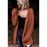 Brown Open Front Woven Texture Knitted Cardigan with Pockets - L thumbnail