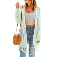 Beige Tasseled Hollow-out Cable Knit Cardigan - One Size thumbnail