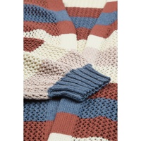 Blue Striped Color Block Hollowed Knit Cardigan - L thumbnail