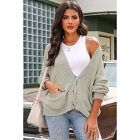 Gray Buttons Front Pocketed Sweater Cardigan - L thumbnail