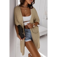 Khaki Dolman Half Sleeve Pocketed Long Cardigan - M thumbnail