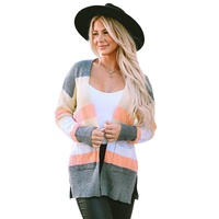 Multicolor Color Block Striped Pocketed Open Cardigan - L thumbnail
