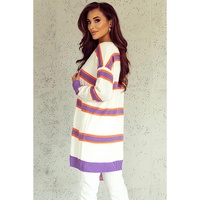 Azura Exchange Beige Striped Long Sleeve Ribbed Trim Button Cardigan - L thumbnail