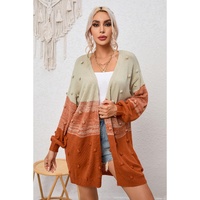Azura Exchange Brown Pompom Color Block Open Front Cardigan - M thumbnail