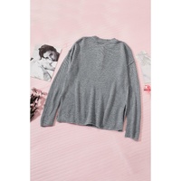 Gray Henley Pullover Drop Shoulder Sweater with Slits - S thumbnail