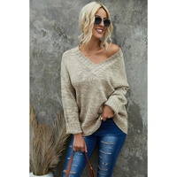 Khaki V neck Drop Shoulder Knitted Sweater - M thumbnail