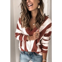 Brown Striped Colorblock V Neck Knitted Sweater - S thumbnail