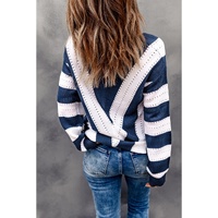 Blue Striped Colorblock V Neck Knitted Sweater - L thumbnail