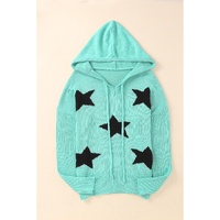 Green V Neck Star Pattern Hooded Sweater with Slits - L thumbnail