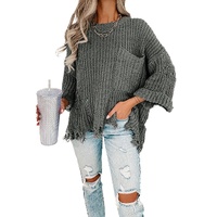 Gray Ripped Raw Hem Chunky Pullover Sweater - L thumbnail