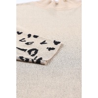 Khaki Leopard High Neck Side Slit Oversized Sweater - M thumbnail