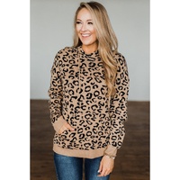 Khaki Leopard Knitted Drawstring Hooded Sweater - L thumbnail