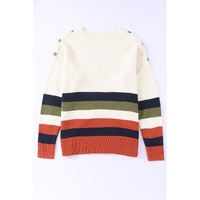 White Buttoned Shoulder Drop Shoulder Striped Sweater - S thumbnail