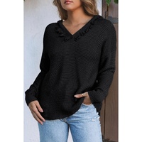 Black V Neck Ribbed Drop Shoulder Hooded Sweater - L thumbnail