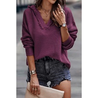 V Neck Ribbed Drop Shoulder Hooded Sweater - L thumbnail