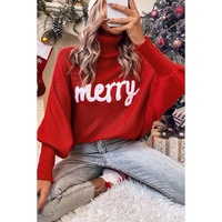 Azura Exchange Red Merry Letter Embroidered High Neck Sweater - S thumbnail
