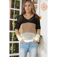 Black Color Block Eyelet Long Sleeve Twisted Back Knit Top - L thumbnail