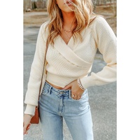 Azura Exchange Beige Ribbed Long Sleeve Surplice Crop Sweater - L thumbnail