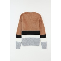 Azura Exchange Brown Color Block Striped Ribbed Knit Sweater - S thumbnail