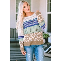 Multicolor Leopard Striped Mix Pattern Knit Crochet Sweater - M thumbnail