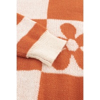 Brown Checkered Floral Print Striped Sleeve Sweater - XL thumbnail