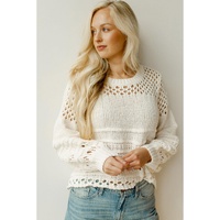 White Solid Color Pointelle Knit Puff Sleeve Sweater - L thumbnail