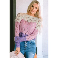 Pink Color Block Hollow Knitted Loose Sweater - S thumbnail