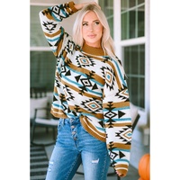 Brown Aztec Striped Knit Ribbed Trim Sweater - L thumbnail