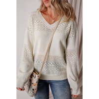 White Eyelet Pattern Detail V Neck Drop Shoulder Sweater - XL thumbnail