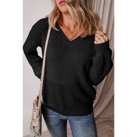 Black Eyelet Pattern Detail V Neck Drop Shoulder Sweater - L thumbnail