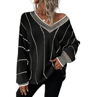 Black Colorblock Striped V Neck Knitted Loose Sweater - L thumbnail
