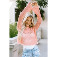 Pink Hollowed Eyelets Knit Bell Sleeve Sweater - XL thumbnail